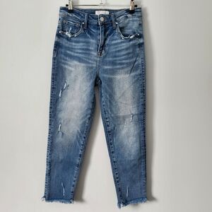 RISEN Women’s High-Rise Distressed Tapered Leg Jeans Sz 7/28 EUC Raw Hem